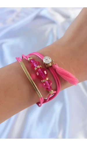 Pembe Zirkon Taşlı İpli Püskül Detay Çoklu Bileklik