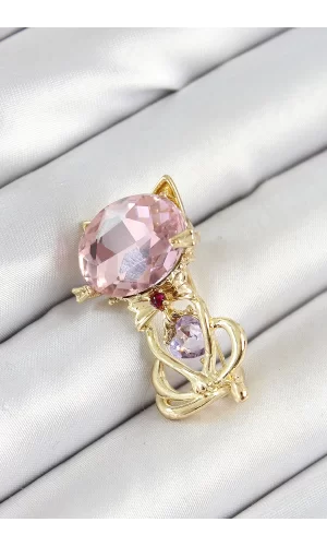 Pembe Zirkon Taşlı Kap Detaylı Kedi Figürlü Gold Renk Kadın Broş