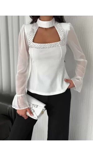 Luz&Pos Penye Uzun Kollu Kadın Kolları Şifon Göğüste İnci Boncuk Detaylı Bluz - Beyaz