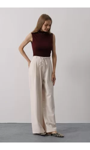 Pileli Bağcıklı Oversize Pantolon - Bej