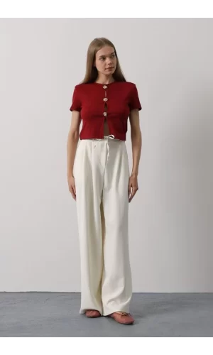 Pileli Bağcıklı Oversize Pantolon - Ekru