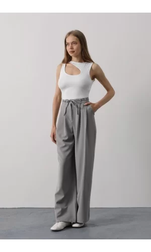 Pileli Bağcıklı Oversize Pantolon - Gri