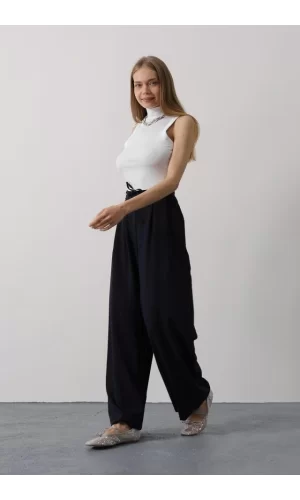 Pileli Bağcıklı Oversize Pantolon - Lacivert