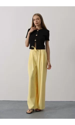 Pileli Bağcıklı Oversize Pantolon - Sarı