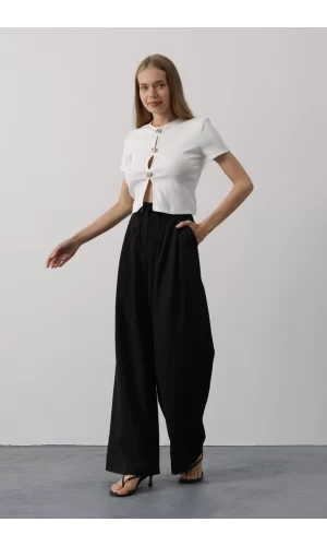 Pileli Bağcıklı Oversize Pantolon - Siyah