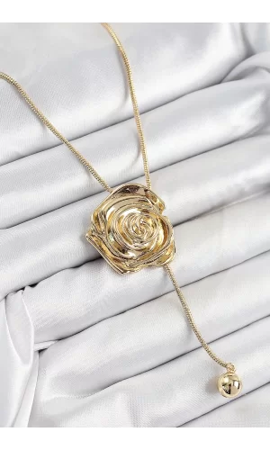 Pirinç Asansörlü Gül Model Gold Renk Kadın Kolye
