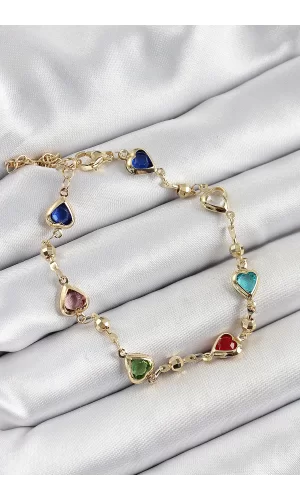 Pirinç Asorti Kalp Model Gold Renk Zirkon Taşlı Kadın Bileklik