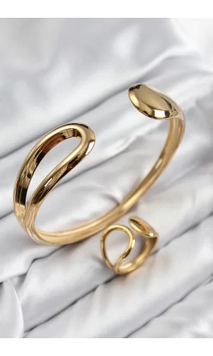 Pirinç Ayrık Model Gold Renk Bileklik Yüzük Set