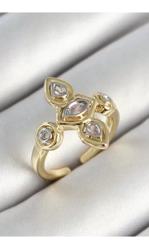 Pirinç Beş Taş Trend Figür Zirkon Taşlı Gold Renk Ayarlanabilir Kadın Yüzük