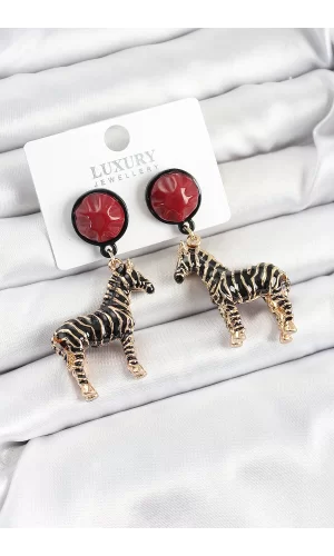 Pirinç Bordo Sallantılı 3D Zebra Model Gold Renk Kadın Küpe