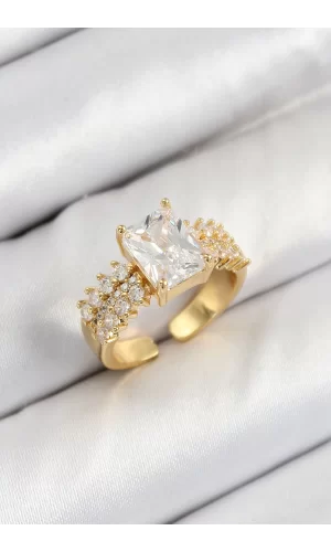 Pirinç  Büyük Zirkon Taşlı Model Gold Renk Kadın Yüzük