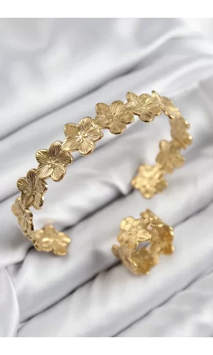 Pirinç Çiçek Model Gold Renk Bileklik Yüzük Set