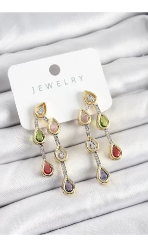 Pirinç Çoklu Damla Model Karşık Zirkon Taşlı Gold Ve Gümüş Renk Kadın Küpe