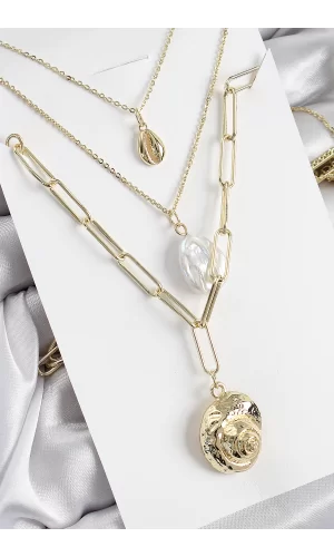 Pirinç Çoklu Zincirli İncili Deniz Kabuğu Model Gold Renk Kadın Kolye