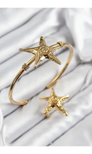 Pirinç Deniz Yıldızı Model Gold Renk Bileklik Yüzük Set