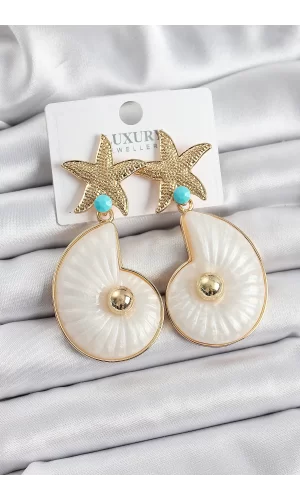 Pirinç Deniz Yıldızı Ve Deniz Kabuğu Figürlü Gold Renk Kadın Küpe
