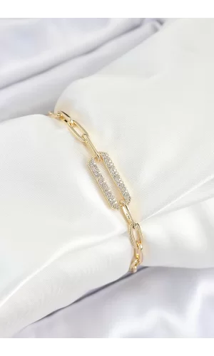 Pirinç  Dikdörtgen Model Zirkon Taşlı Gold Renk VİP Seri Kadın Bileklik
