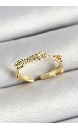 Pirinç Düğüm Figürlü Zirkon Taşlı Gold Renk Ayarlanabilir Kadın Yüzük