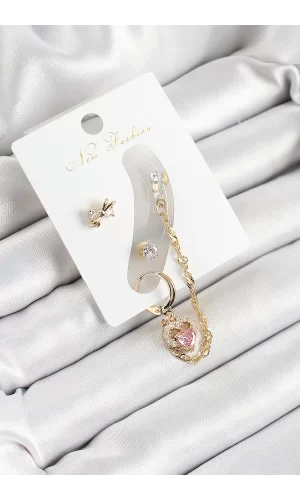 Pirinç Fiyonk ve Kalp Figürlü Zirkon Taşlı Gold Renk 3lü Kıkırdak Kadın Küpe Set