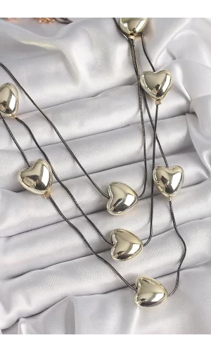 Pirinç Füme Renk Zincir 3D Gold Renk Kalp Model Kadın Kolye