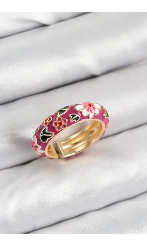Pirinç Fuşya Mineli Çiçek Motifli Gold Renk Ayarlanabilir Kadın Yüzük