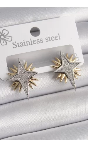 Pirinç Gold Gümüş Renk Zirkon Taşlı Kutup Yılıdız Model Kadın Küpe