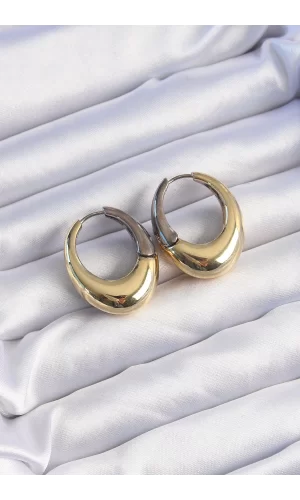 Pirinç Gold Gümüş Renkli Oval Bombeli Küpe