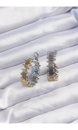 Pirinç Gold Gümüş Renkli Tırtıklı Halka Küpe