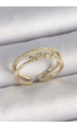 Pirinç Gold Renk 2Li Sıra Zirkon Taş Detaylı Kelebek Figürlü Ayarlanabilir Model Kadın Yüzük