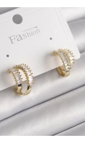 Pirinç Gold Renk 2Li Zirkon Taşlı Halka Model Kadın Küpe