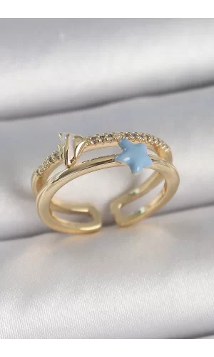 Pirinç Gold Renk 2Li Zirkon Taşlı Mavi Yıldız Figür Ayarlanabilir Kadın Yüzük