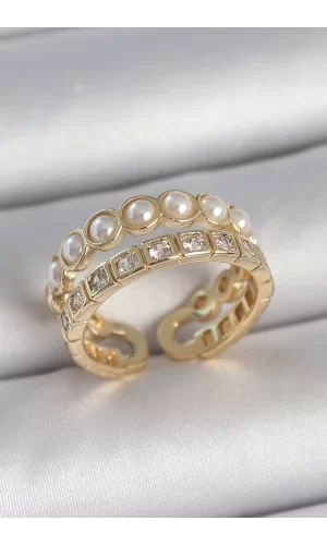 Pirinç Gold Renk 2Li Zirkon Taşlı Ve İncili Ayarlanabilir Kadın Yüzük
