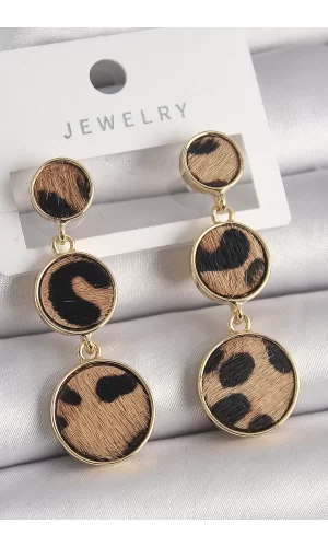 Pirinç Gold Renk 3Lü Leopar Desenli Sallantı Daire Plaka Model Kadın Küpe