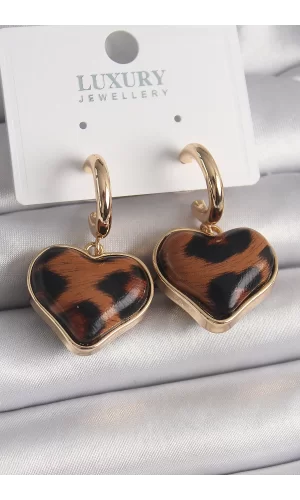 Pirinç Gold Renk 3D Kalp Leopar Desen Model Kadın Küpe