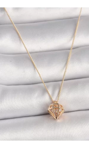 Pirinç Gold Renk 3D Zirkon Taşlı Elmas Model Kadın Kolye