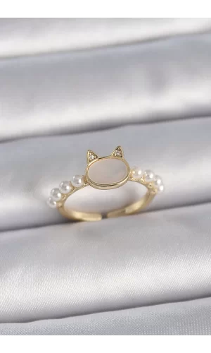 Pirinç Gold Renk Ayarlanabilir Beyaz Mineli Kedi Model İnci Detay Kadın Yüzük