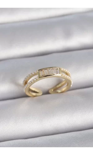 Pirinç Gold Renk Ayarlanabilir Sıralı İncili Zirkon Taş Detaylı Kadın Yüzük