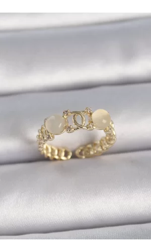 Pirinç Gold Renk Ayarlanabilir Zirkon Taşlı Beyaz Mineli Birleşik Halka Model Kadın Yüzük