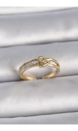 Pirinç Gold Renk Ayarlanabilir Zirkon Taşlı Düğüm Kalp Model Kadın Yüzük