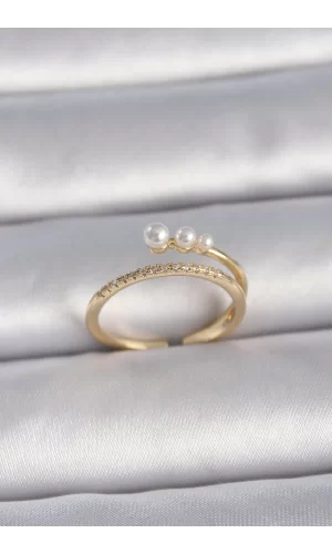 Pirinç Gold Renk Ayarlanabilir Zirkon Taşlı İncili Model Kadın Yüzük