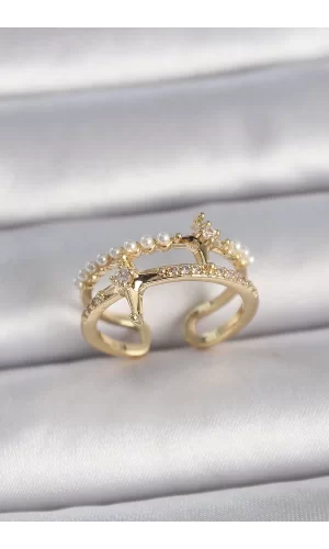 Pirinç Gold Renk Ayarlanabilir Zirkon Taşlı İncili Yıldız Model Kadın Yüzük