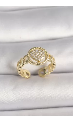 Pirinç Gold Renk Ayarlanabilir Zirkon Taşlı Kalp Model Kadın Yüzük