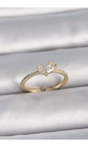 Pirinç Gold Renk Ayarlanabilir Zirkon Taşlı Kalp Model Kadın Yüzük