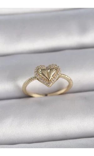 Pirinç Gold Renk Ayarlanabilir Zirkon Taşlı Kalp Model Kadın Yüzük
