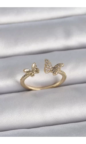 Pirinç Gold Renk Ayarlanabilir Zirkon Taşlı Kelebek Model Kadın Yüzük