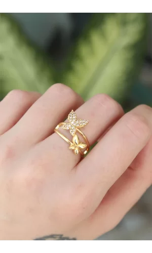 Pirinç Gold Renk Ayarlanabilir Zirkon Taşlı Kelebek Yüzük