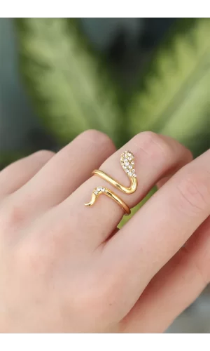 Pirinç Gold Renk Ayarlanabilir Zirkon Taşlı Yılan Yüzük
