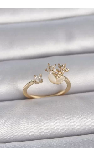 Pirinç Gold Renk Ayarlanabilir Zirkon Taşlı Yıldız Model Kadın Yüzük