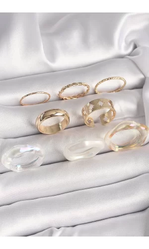 Pirinç Gold Renk Beyaz Akrilik Plastik Modek Kutup Yıldız İşleme Detay Kadın Yüzük Kombini