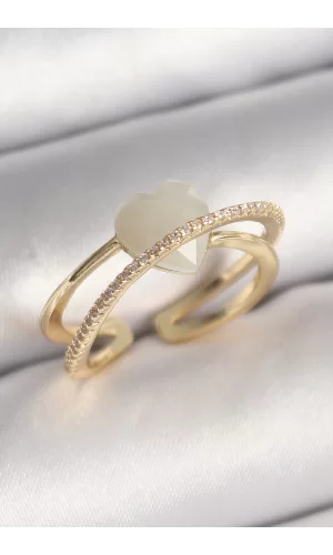 Pirinç Gold Renk Beyaz Kristal Kalp Model Zirkon Taş Detay Kadın Yüzük
